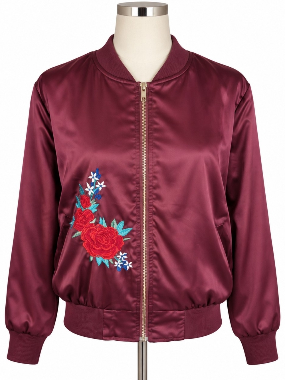 Say What? Burgundy Satin Floral Embroidered Bomber Jacket – Women’s Medium